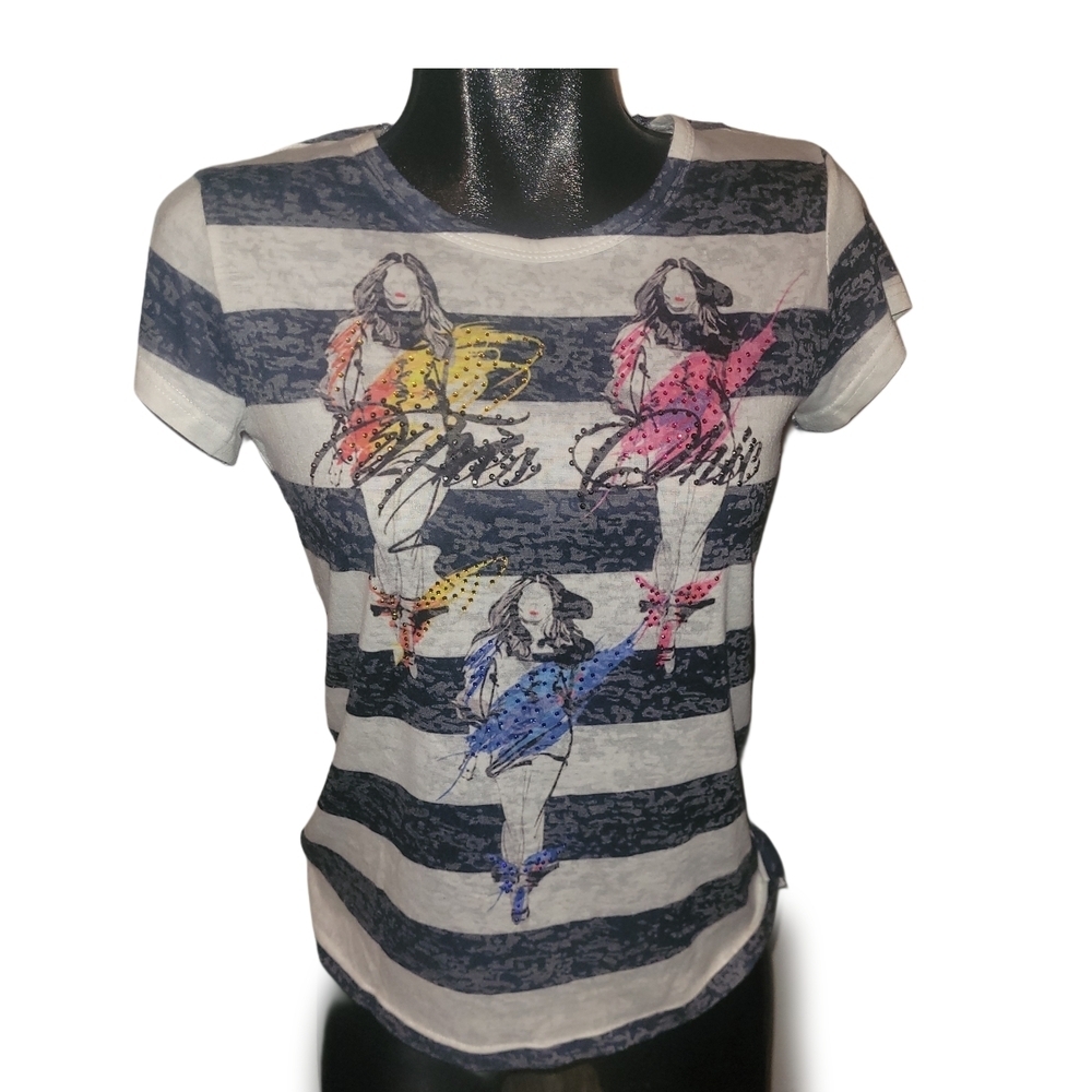 Coco Y Club Blue and White Striped Graphic Short Sleeve Top Size S